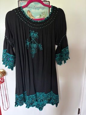 Black Tunic with Teal Embroidered Accent - Women's Boho Tunic